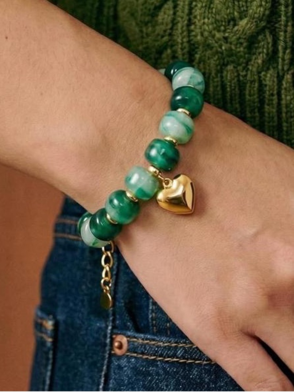 Anthropologie Green Beaded Bracelet with Gold Heart Charm